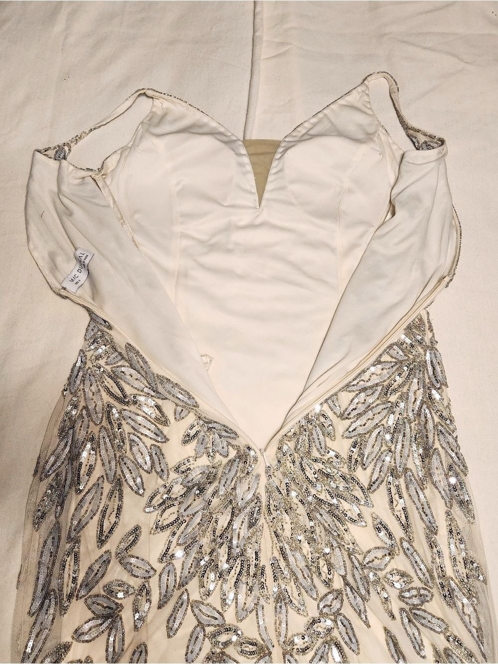 Mac Duggal Silver Gold Beaded Leaf Sequin Illusion V-Neck Gown Dress Size 10 - Picture 8 of 10